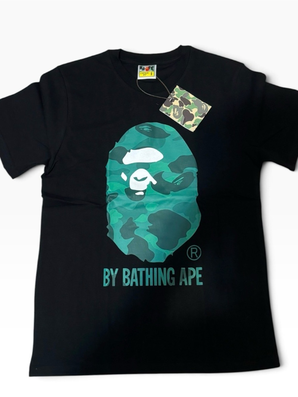 Bape Black Tee with Green Camo Ape Head